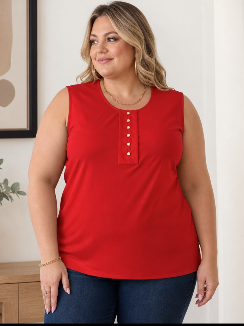 Calvin Klein Sleeveless Red Button-Trim Cami Top. Size 1X